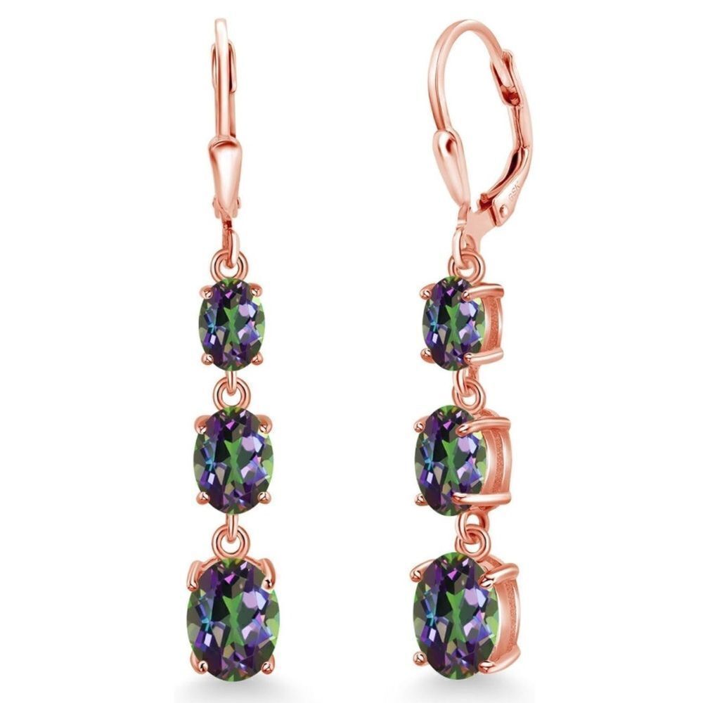 18K Rose Gold with 6.35 Cttw 3 Stone Green Mystic Topaz Leverback Drop Earrings